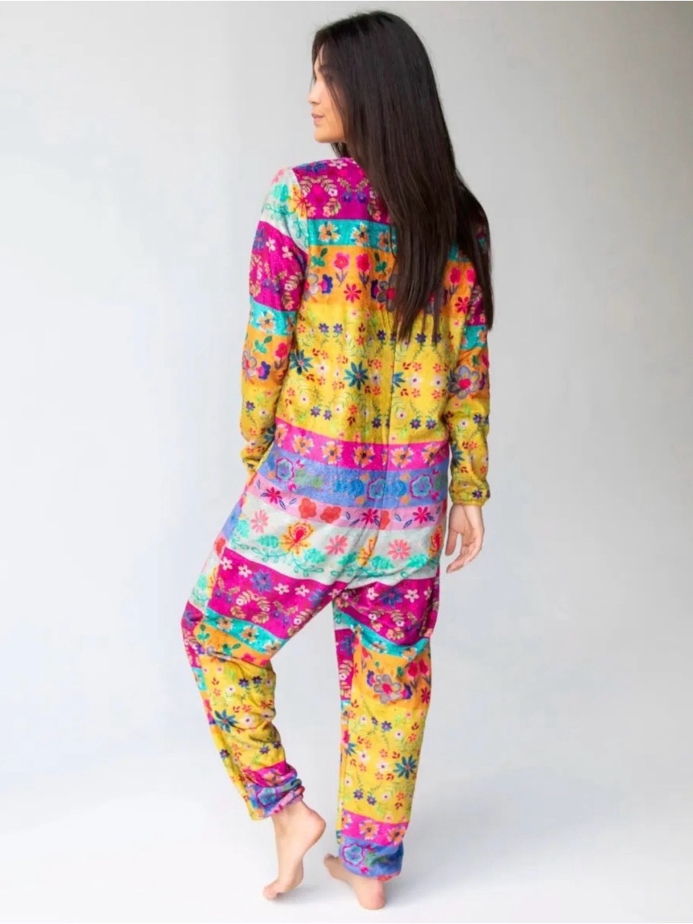 Natural Life Fleece One Piece Pajama Jumpsuit Floral Magenta Border Boho M - Picture 6 of 12